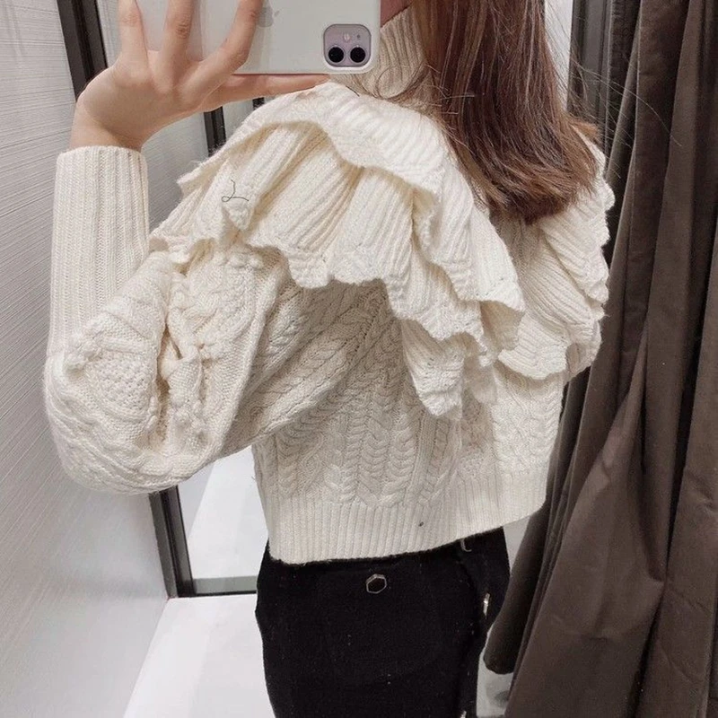 Женский вязаный свитер короткий винтажный пуловер с оборками высоким воротом и