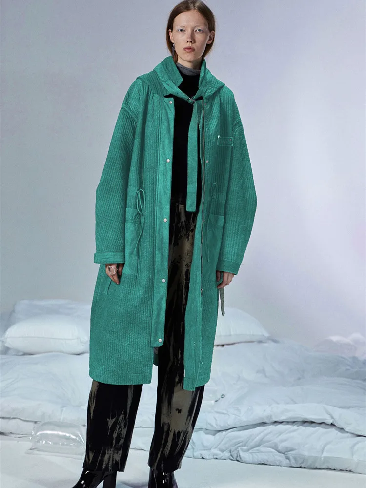 Design New Original Autumn Winter Women Casual Oversized Striped Long Green Cotton Padded Warm Hooded Parkas Jacket | Женская одежда