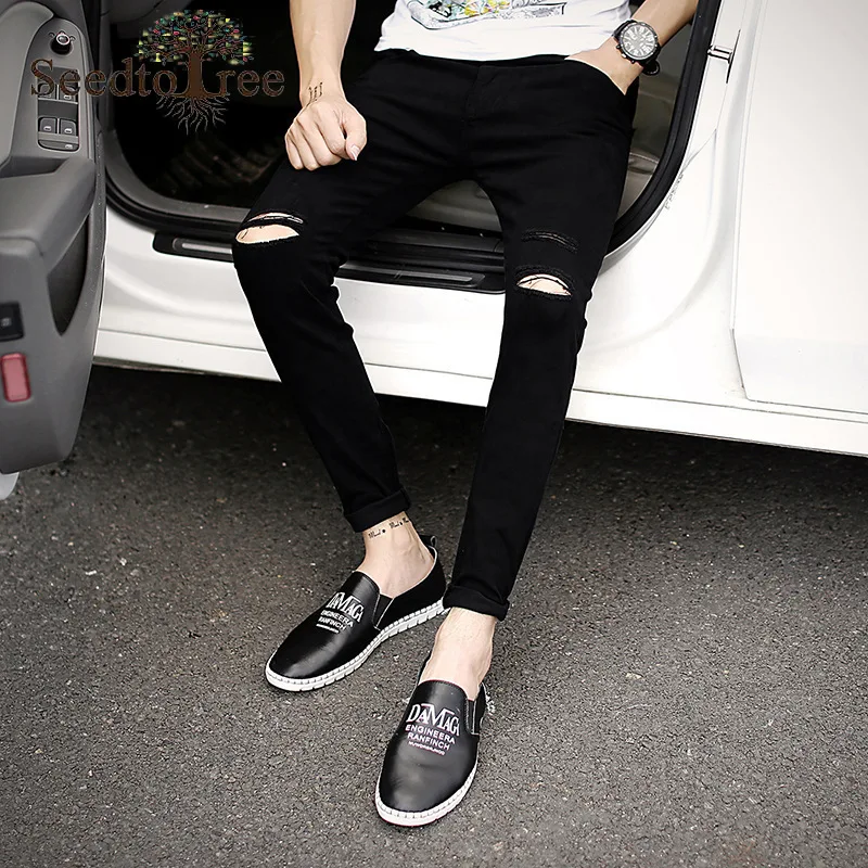 

Men's Jeans Hole Small Feet Slim Solid Color Ripped Men's Denim Trousers
