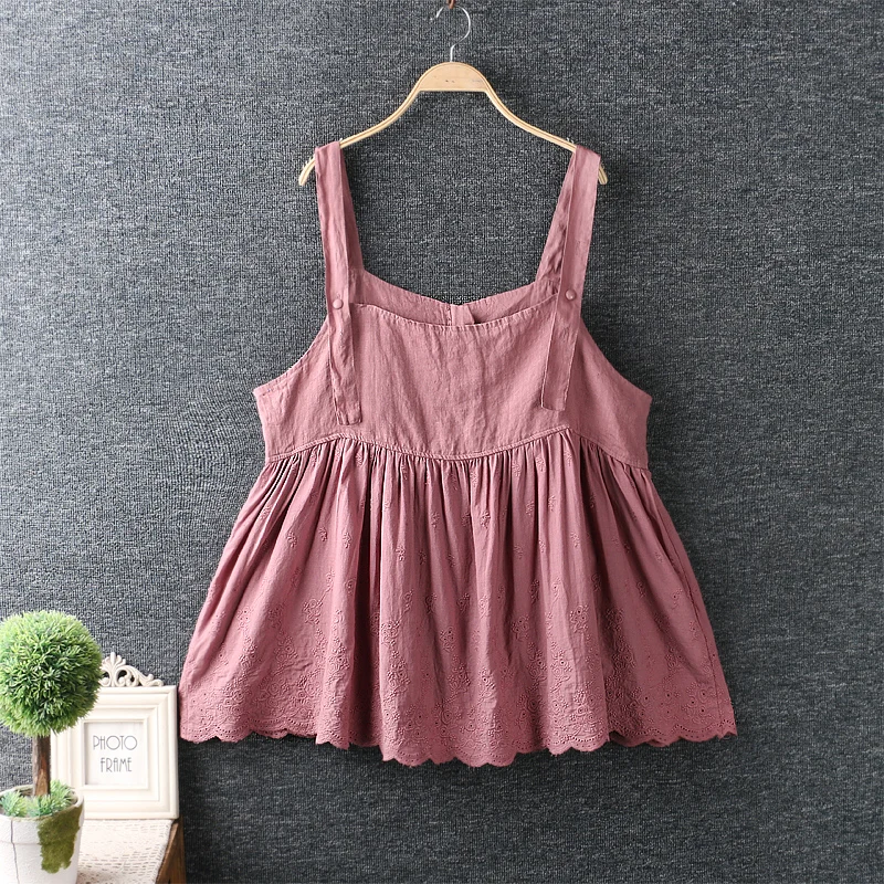 

summer new Japan Style Solid Embroidery camis top sleeveless casual solid camis tops female 821-45