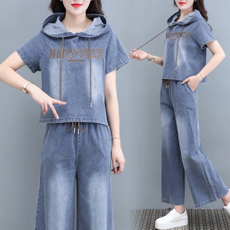 

Leisure fashion suit women's summer foreign style age reduction show thin temperament women's wear Tencel jeans wide leg pants t
