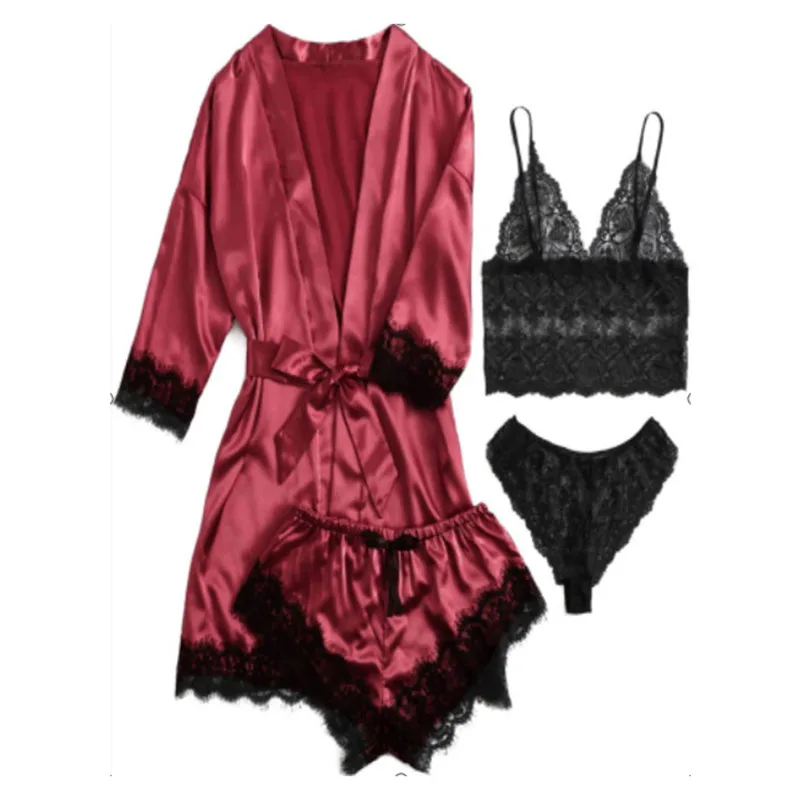 

4pcs/set Spring Autumn Women Silk Pajamas Sets Lace Print Vest Shorts Pijama Sleepwear 4 Pieces Spaghetti Strap Satin Pyjamas