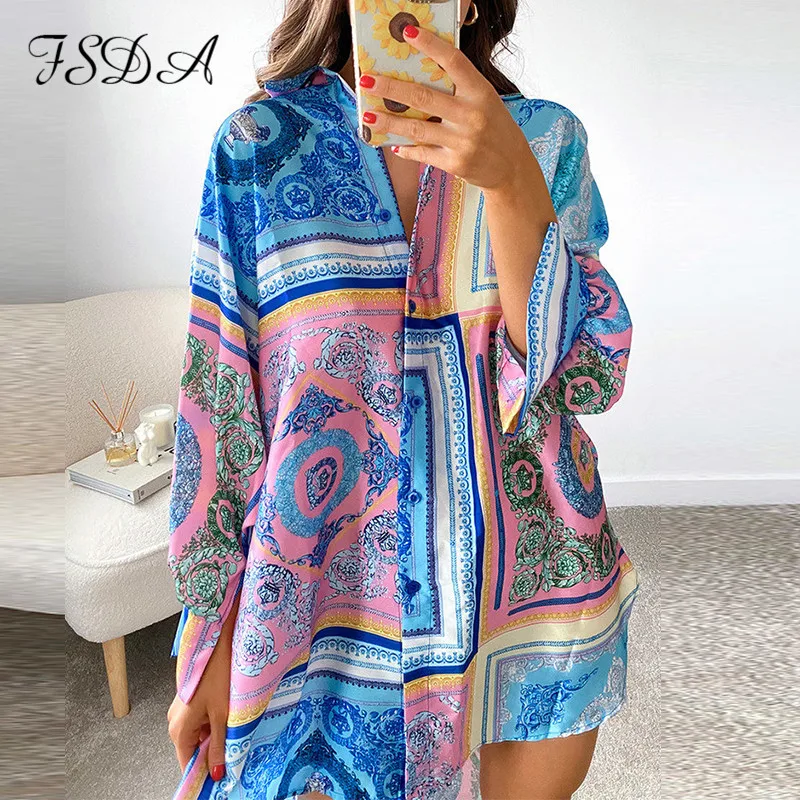 

FSDA 2021 Autumn V Neck Shirt Dress Women Long Sleeve Y2K Print Blue Loose Beach Sexy Party Casual Green Dresses