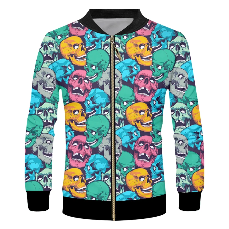 

EU Size New Colorful Funny Skulls Zip Up Jacket Novelty Men's Cool Casual Horror Element Gothic/punk Style Trendy Zipper Jackets