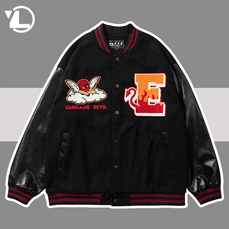 

Retro Baseball Jackets Men Devil Embroidery Letters Bomber Jacket Hip Hop Casual Streetwear Varsity Loose Patchwork Coats Unisex
