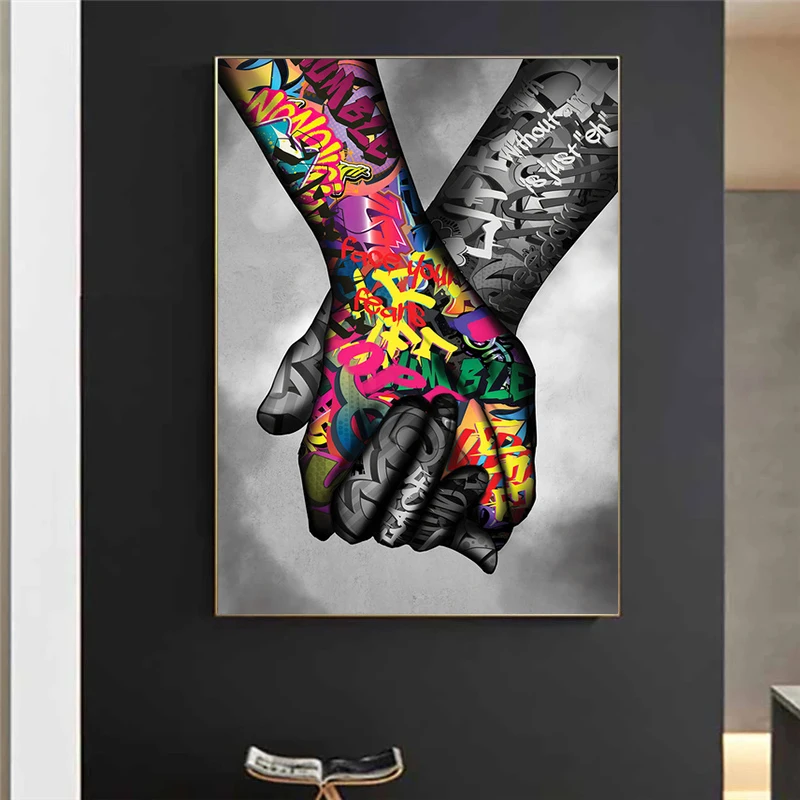 

Pop Graffiti Art Holding Hands Victory Oil Painting on Canvas Wall Art Posters Prints Wall Pictures for Living Room Home Cuadros