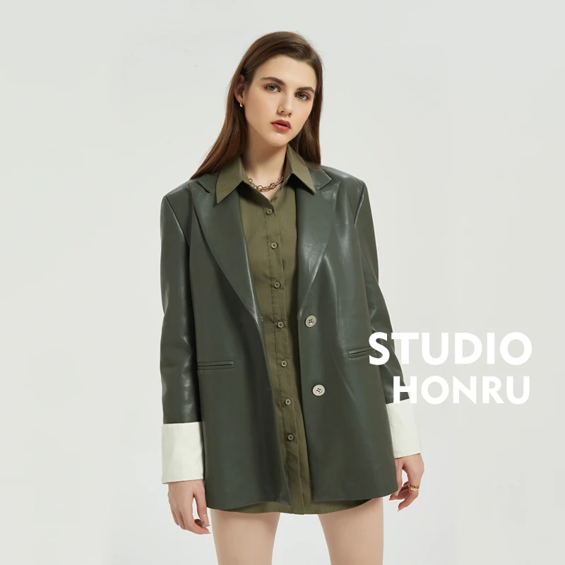 Mid-length faux leather jacket women's blazer autumn suit collar retro cuff curled loose PU leather jacket female coat outwear