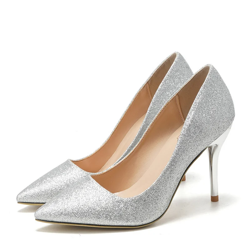 

High Heels Silver Wedding Shoes Stiletto Crystal Sequins Pointed Toe Dress Party Shoes Champagne Gold Bridesmaid Shoes