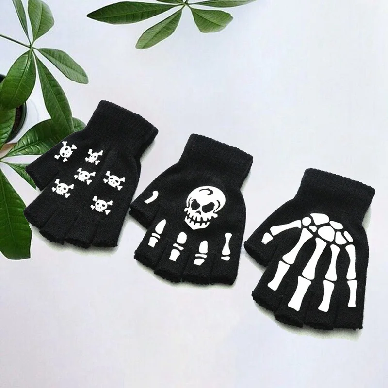 

Halloween Skull Bone Skeleton Goth Glove Half Finger Gloves