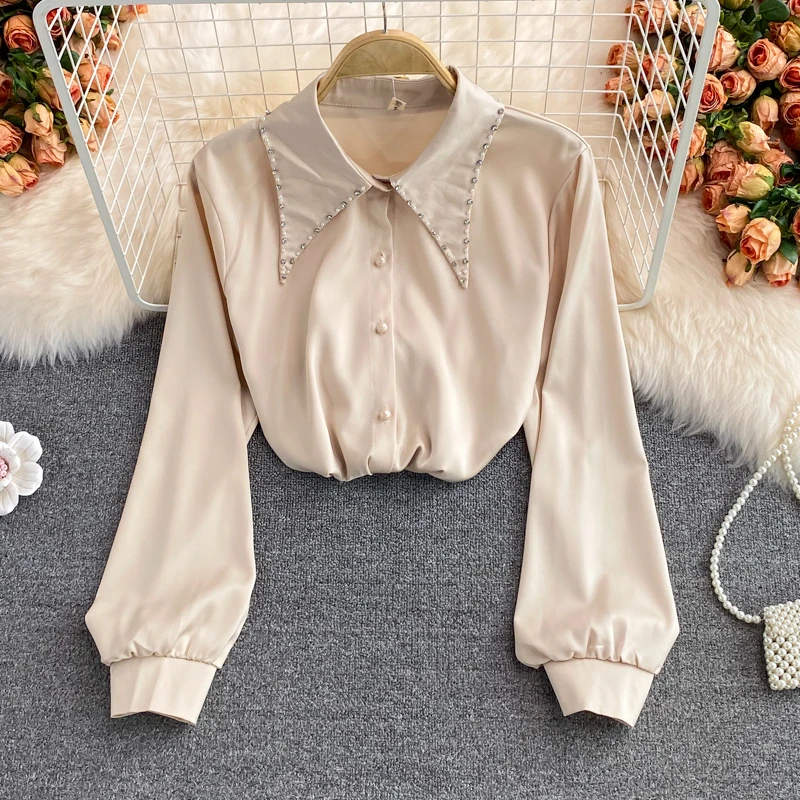 SINGREINY Женская модная Корейская блузка с бисером и отложным воротником