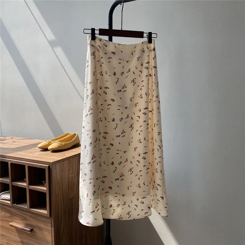 

Women Retro Chiffon Floral Skirt Spring Fall Korean High Waist Sexy Vintage Thin A Line Skirt Casual Clothes