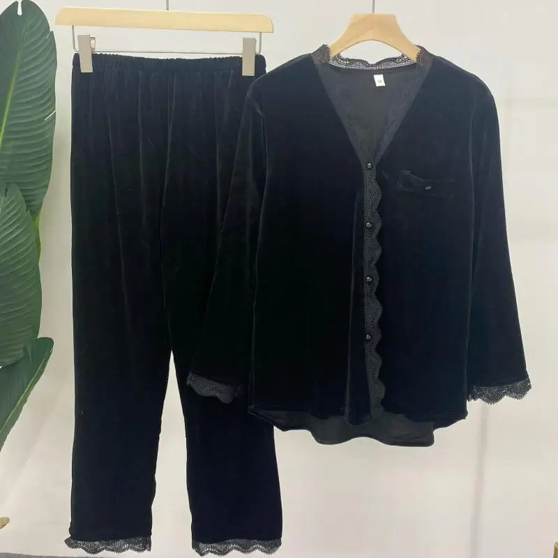 

Sexy White Lace Trim Pijamas Suit Velour Female Pajamas Sleepwear Lounge Wear Autumn Winter Long Sleeve Velvet Home Clothes Set