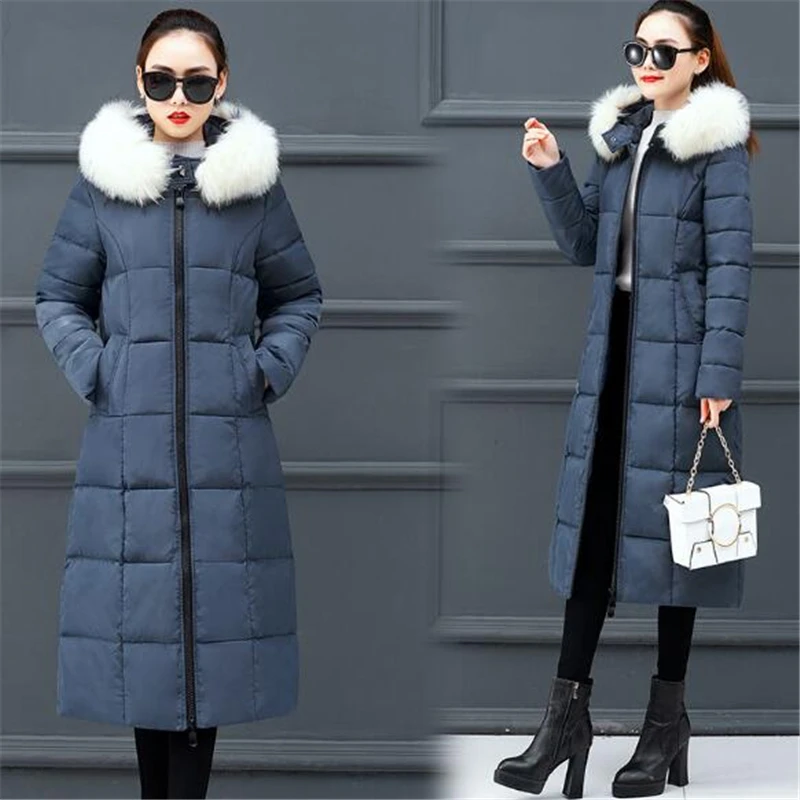 

Куртка женская длинная с капюшоном и меховым воротником, Q959, 2019, 4XL