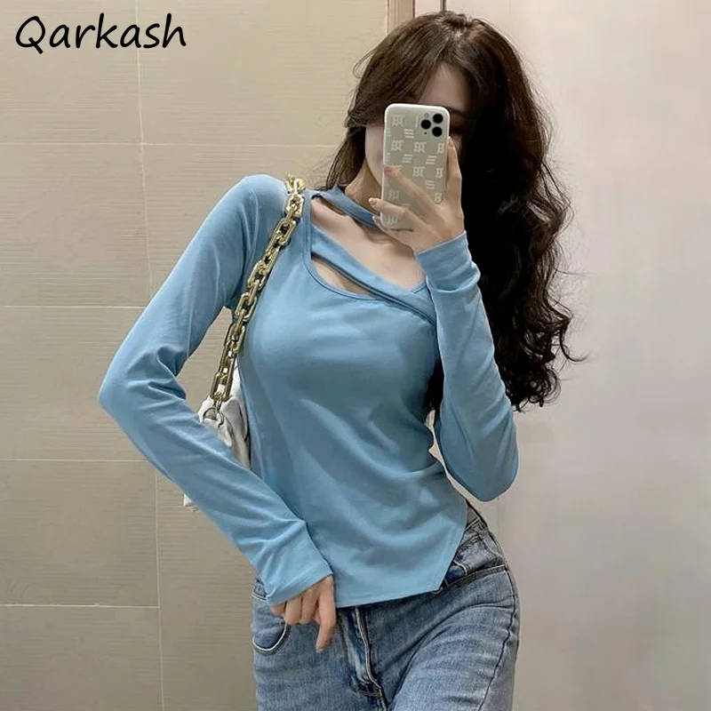 

Футболка женская универсальная с длинным рукавом, облегающий однотонный топ в винтажном стиле, с асимметричным воротником, в Корейском сти...