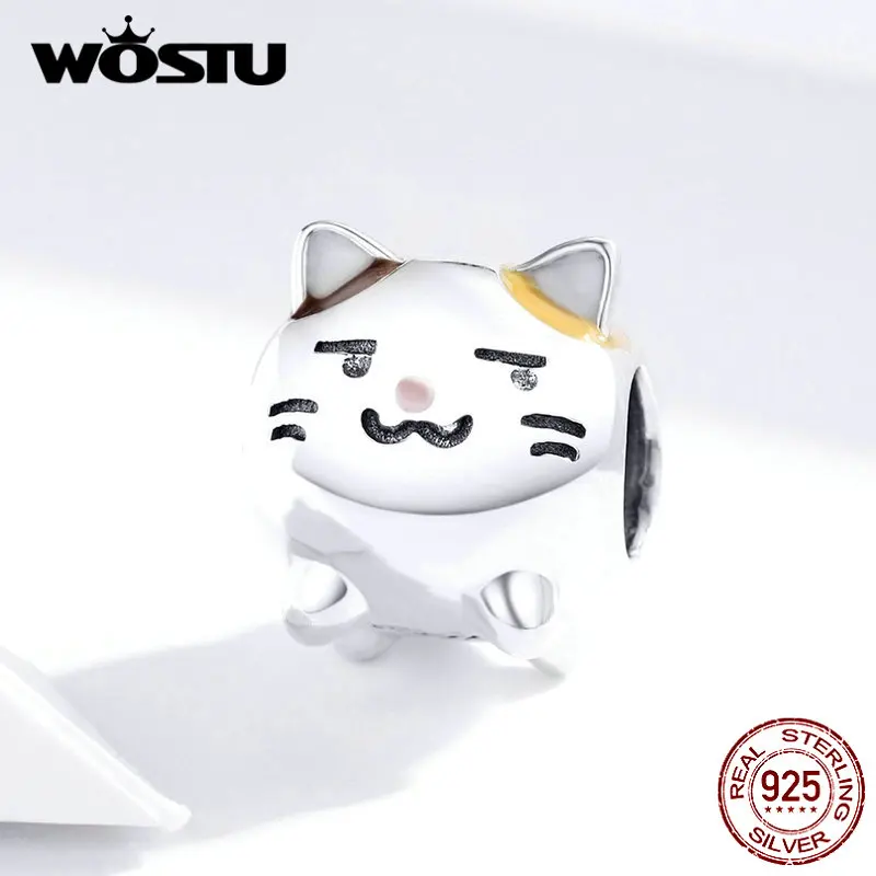 WOSTU, настоящая 925 пробы, серебряная Симпатичная кошка, бисер, подходит для оригинального браслета, Подвеска для женщин, Подвески для изготовления ювелирных изделий CQC1348