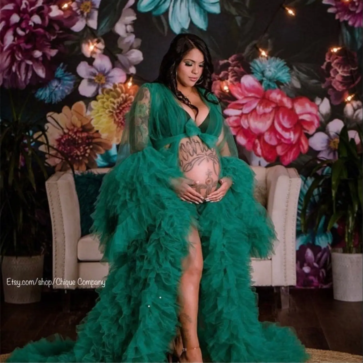 

Green Maternity Dresses A Line V Neck Puffy Ruffles Maternity Gown for Photoshoot Boudoir Lingerie Robe Bathrobe Nightwear