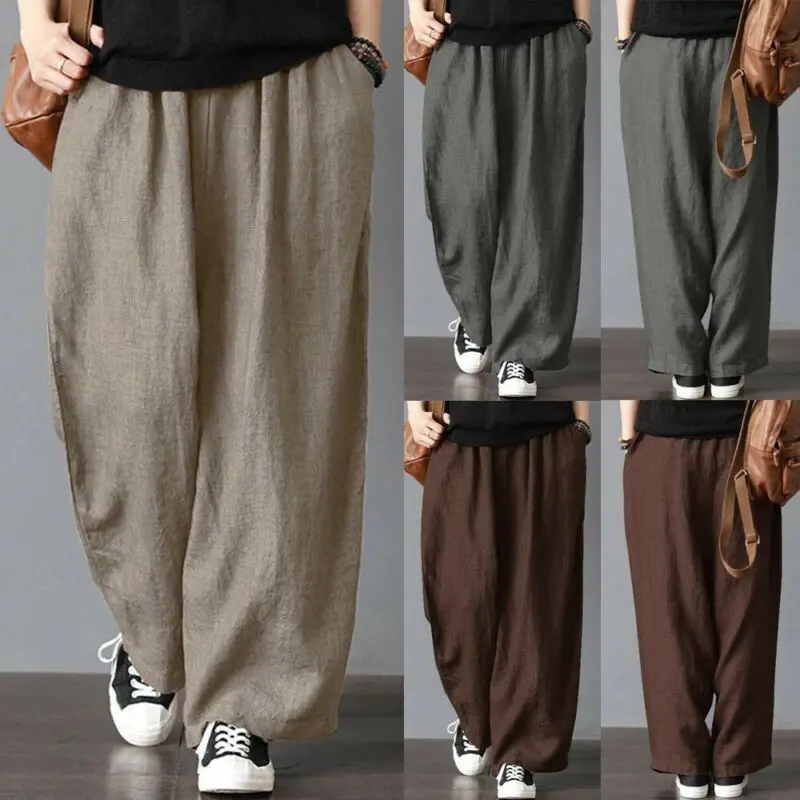 

Plus Size Men Pants Cotton Linen Wide Leg Harem Pants Loose Casual Fashion Trousers Leisure Holiday Beach Cargo Pants