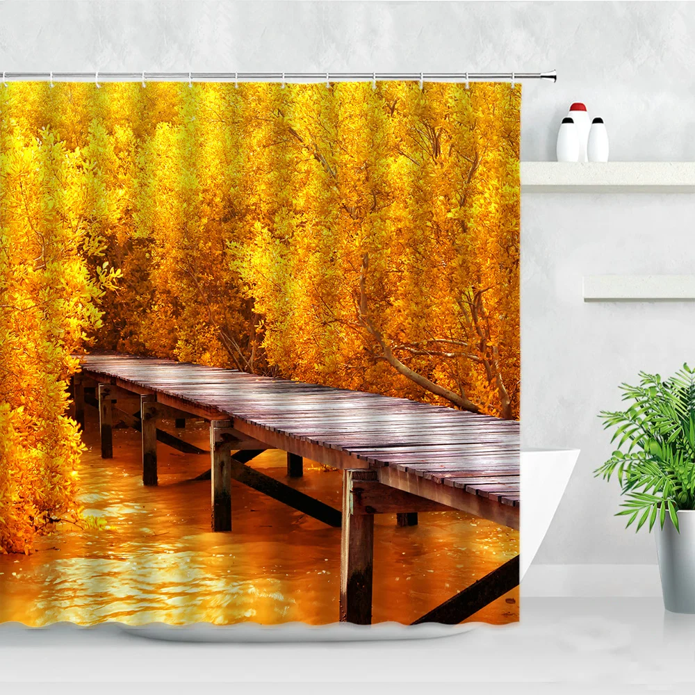 

3D Golden Trees Shower Curtain Set Street View Maple Leaf Autumn Natural Scenery Modern Waterproof Home Decor Bathroom Curtains