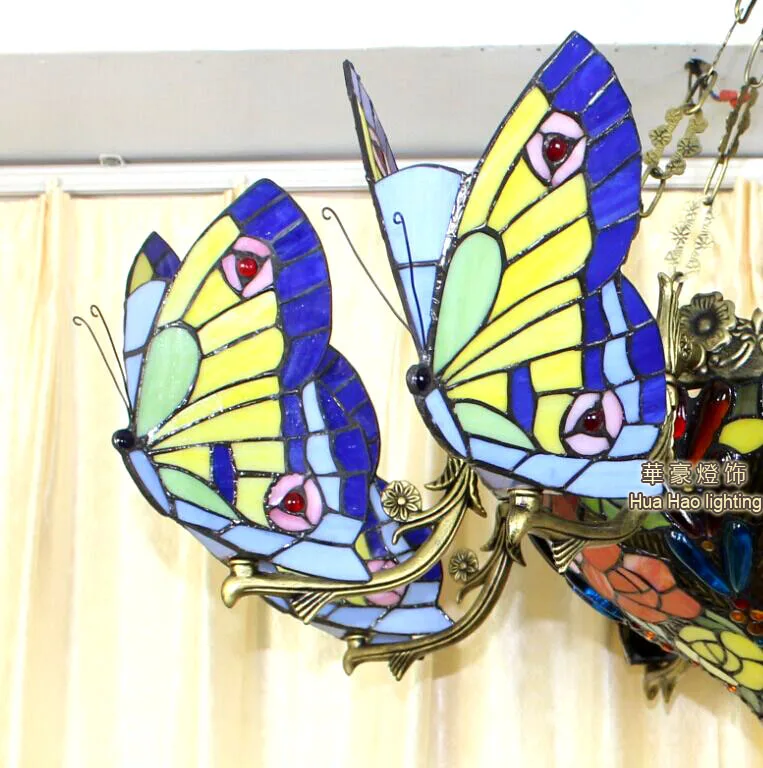 

Tiffany Baroque Butterfly Pendant Light Stained Glass Suspended Luminaire Chain Hanging Lighting For Home Parlor Dining Room