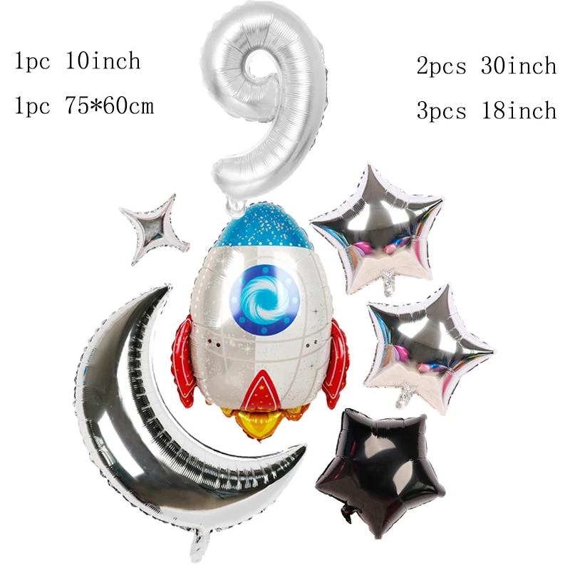 

7pcs/lot Outer Space Party Number balloons Rocket Foil Balloons Moon Stars Balloons Boy Kids Birthday Party Decor Baby Shower