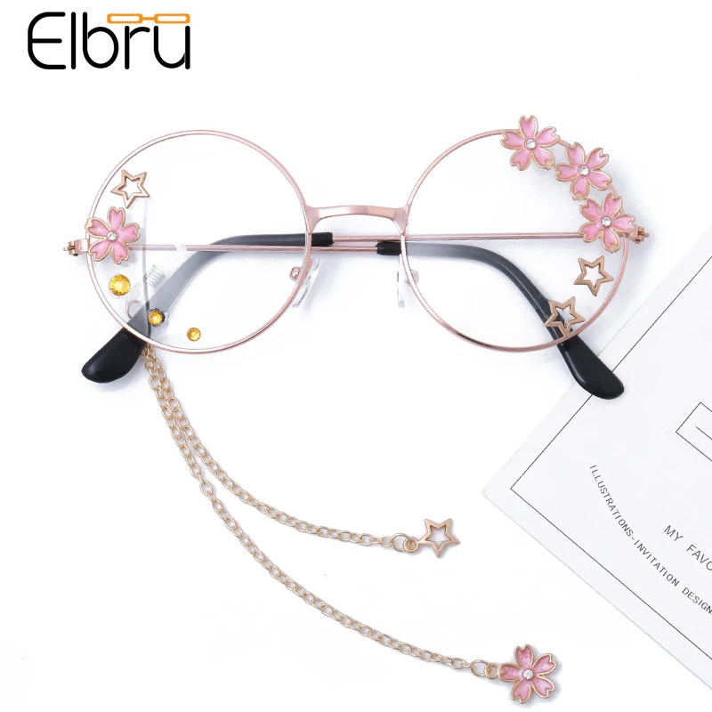 

Elbru новые женские очки с цветами рамы Сакура звезда Подвеска очки с прозрачными стеклами металлический каркас, очки для женщин