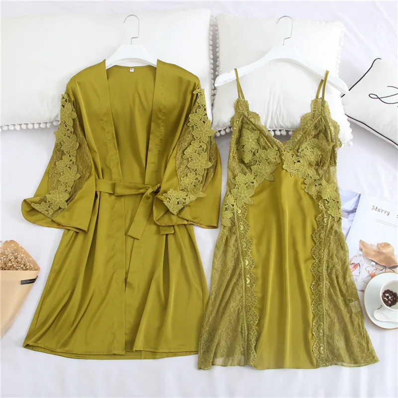 

Yellow Novelty Home Clothing Kimono Robe Sexy Women Sleepwear Bathrobe Gown Intimate Lingerie Lace Homewear 2PCS Sleep Set