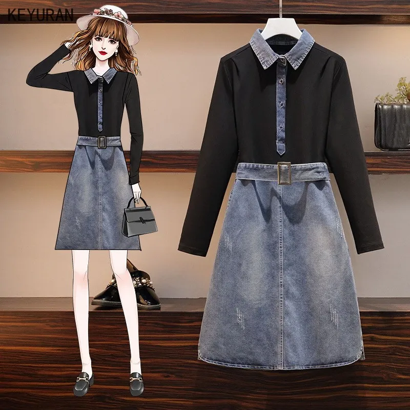 Лоскутное джинсовое женское платье с длинным рукавом средняя талия поясом