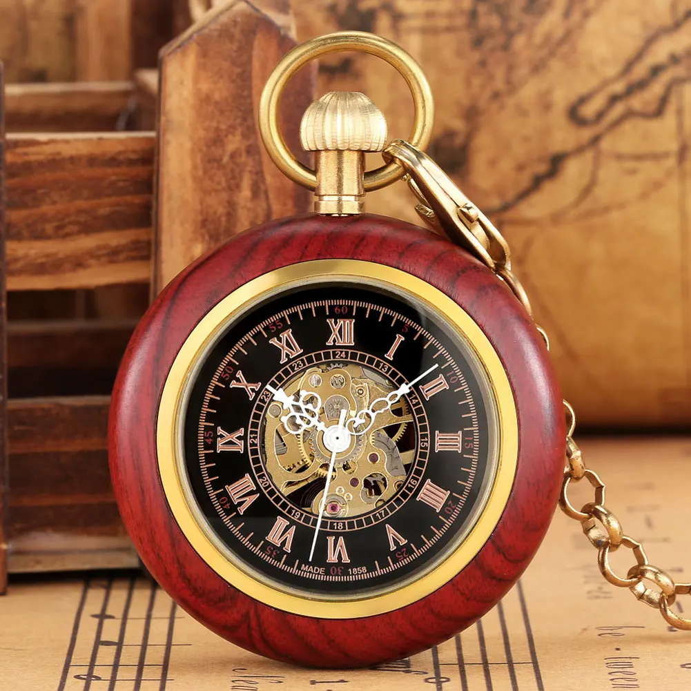 

Vintage Lady Red Sandalwood Mechanical Pocket Watch nobleness Black Digital Dial Men Round Clock Gift Practical Necklace Pendant