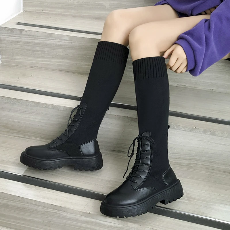 Модные черные женские Ботинки Martin на платформе Эластичные вязаные сапоги до