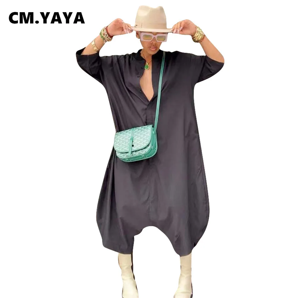 

Женский однотонный комбинезон CM.YAYA с коротким рукавом, однобортный свободный кросс-боди до щиколотки, повседневный цельный комбинезон, лет...