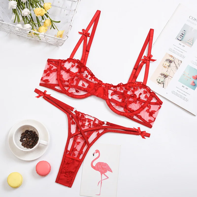 

Women's Sexy Underwear Set Embroidered Transparent Embroidery Lace Underwire Gather Bra and Panty Set Sexy Underwear