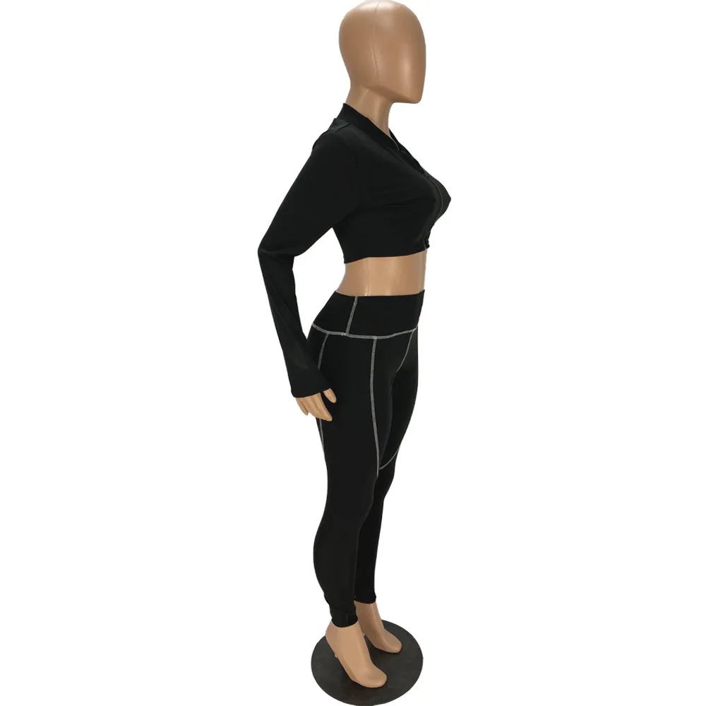 

Women Fitness Two Piece Sweatsuit Activewear Outfits Zipper Up Long Sleeve Bandage Tops and Pencil Legging Striped Spliced Sets