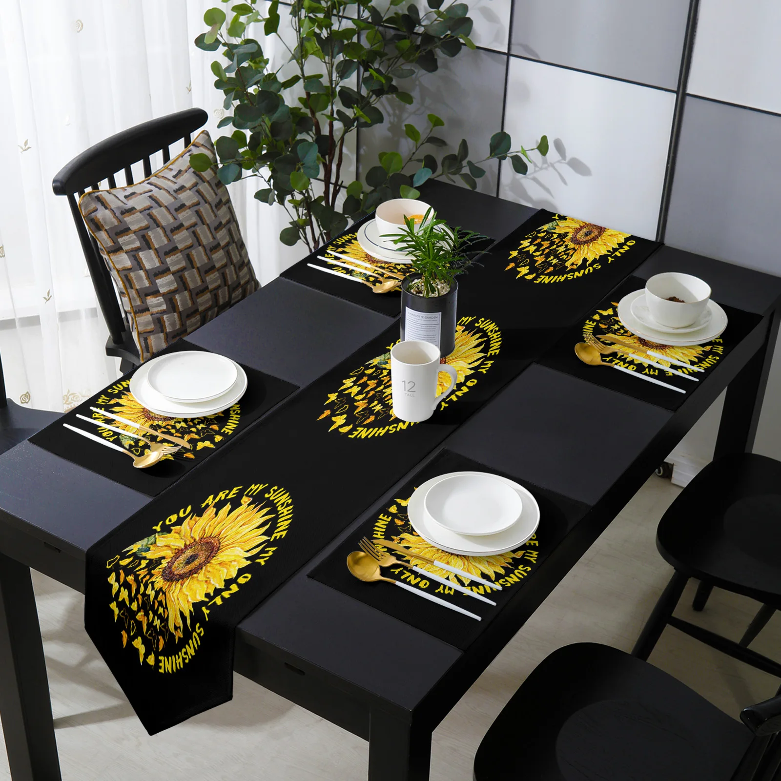 

Sunflower Butterfly Black Table Runner Placemats Set Country Wedding Table Art Decoration for Kitchen Home Dining Holiday