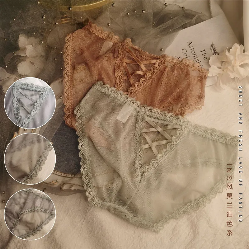 

3Pcs/Lot Woman Bow Panties Mesh Hollow Out Sexy Underwear Soft Breathable Underpants Girls Briefs Solid Fashion Female Lingerie