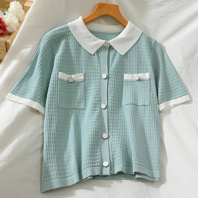 

Casual Knitted T Shirt Women Short Sleeve Women 2021 Korean Fashion Turn-down Collar T-shirt Ladies Tops Tees