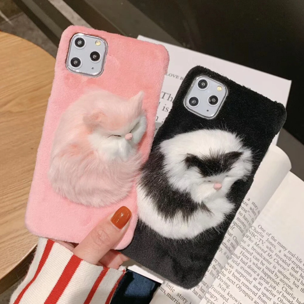 Плюшевый мех для волос мобильный телефон чехол 3D спящий Кот теплый iPhone 11 Жесткий