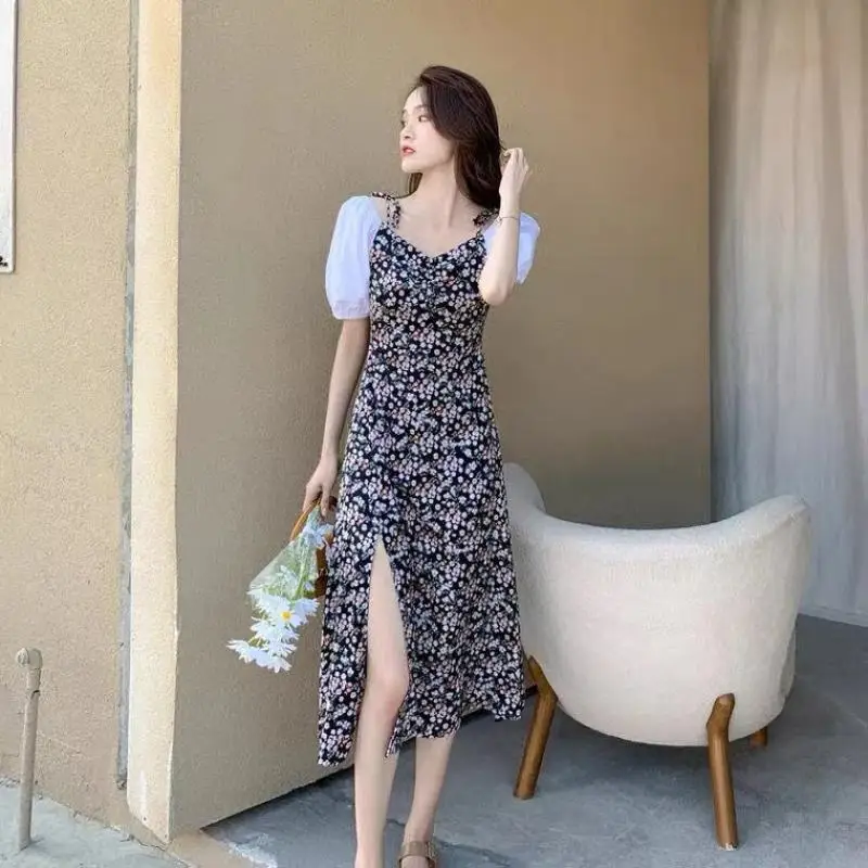 

Summer women french suspender floral skirt medium length split dress