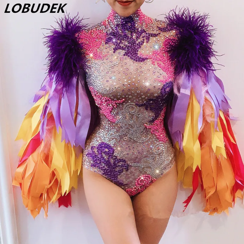 Purple Rhinestones Colored Ribbon Sleeve Bodysuit Elastic Crystals Bodysuits Bar Nightclub Women DJ Singer Dancer Stage Costume