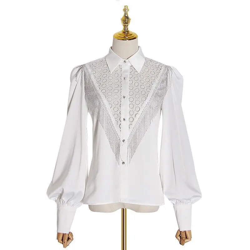WHITNEY WANG Blouses 2020 Spring Fashion Hollow Out Lace Patchwork Beading Tassel Blouse Women Blusas Office Lady Shirt Top | Женская