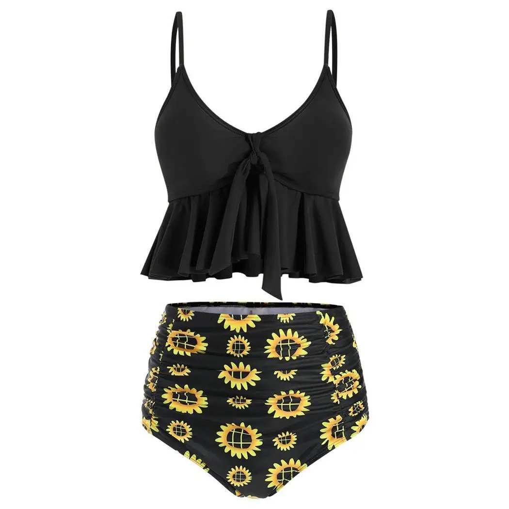 Женская мода цветочный принт рюшами без рукавов Повседневная Талия Танкини