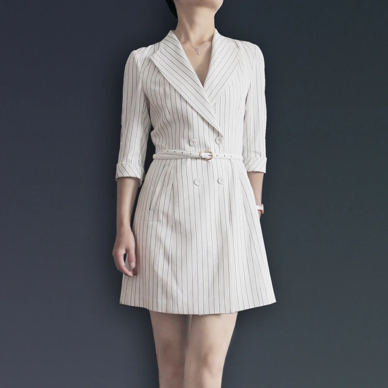 

Stripe Elegant Women Blazer Dress Jacket Casual Office Lady Lapel Suit Cardigan Jacket Slim OL Dresses women's long Coat A3019
