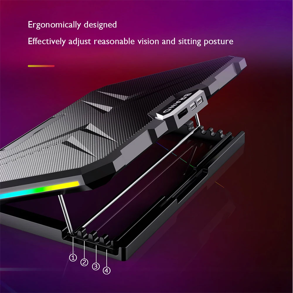 

RGB Laptop Cooler Riser Holder Height Adjustment Dual Fans Quiet Gaming Notebook PC Cooling Pad Stand for 12-17 Inch