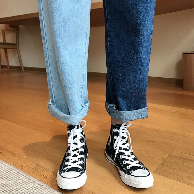 

High Waist Patchwork Contrast Color Trousers Straight Denim Pants Summer Women Jeans Pants 2020 Zipper Button Pants