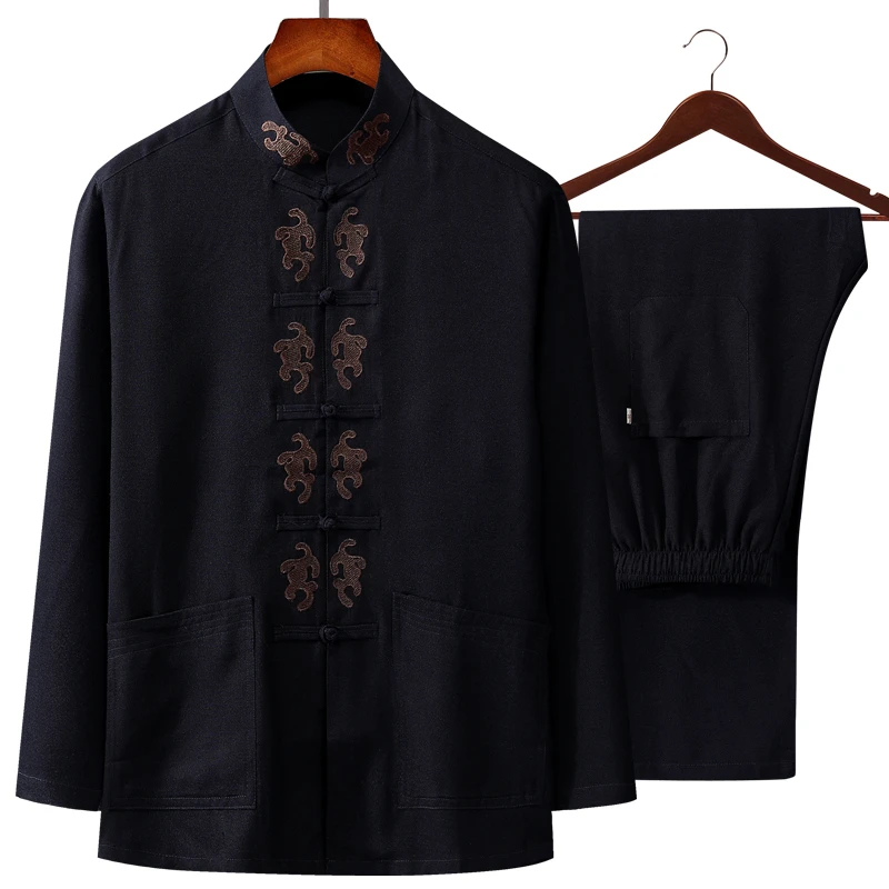 Autumn New Embroidery Chinese Men's Cotton Linen Wu Shu Clothing Long Sleeve Shirt & Long Pant Kung Fu Tai Chi Suit 4XL