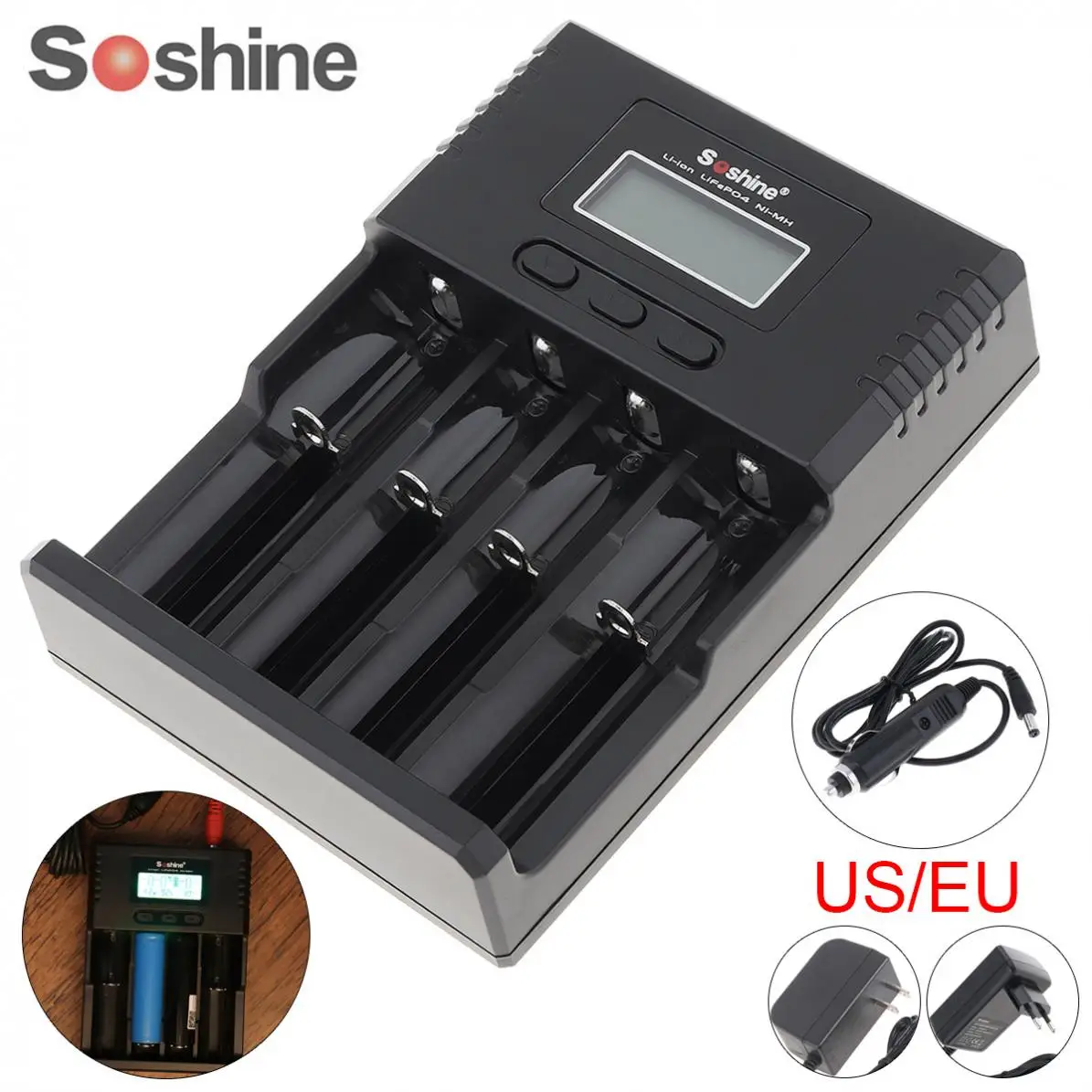 Цифровое интеллектуальное зарядное устройство Soshine с 4 слотами и ЖК дисплеем для