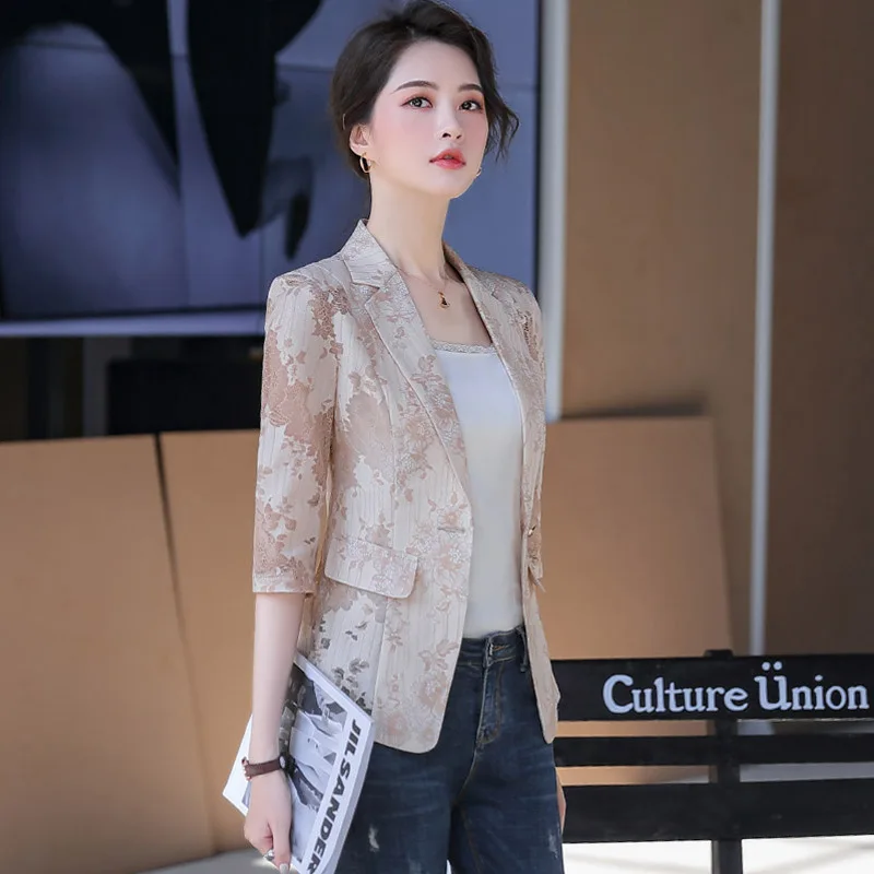 White Chiffon Lace Blazer women's spring summer short thin casual women's  coat girl jacket 3 quater sleeve