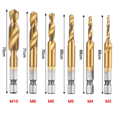 6 шт. шестигранный хвостовик титановое покрытие HSS метрические спиральные метчики сверла соединительные метчики для сверления м3 М4 М5 М6 М8 М10 набор ручных инструментов