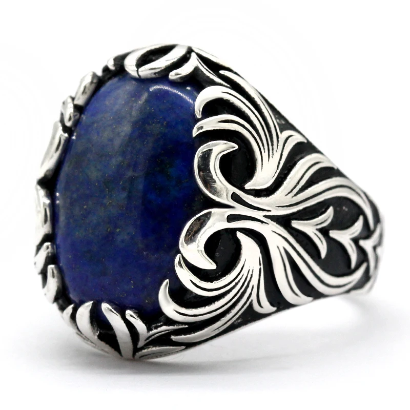 Lapis Lazuli Ring for Men Sterling 925 Silver Punk Natural Blue Stone Mens Silver Rings Vintage Carved Turkish Jewelry Gift