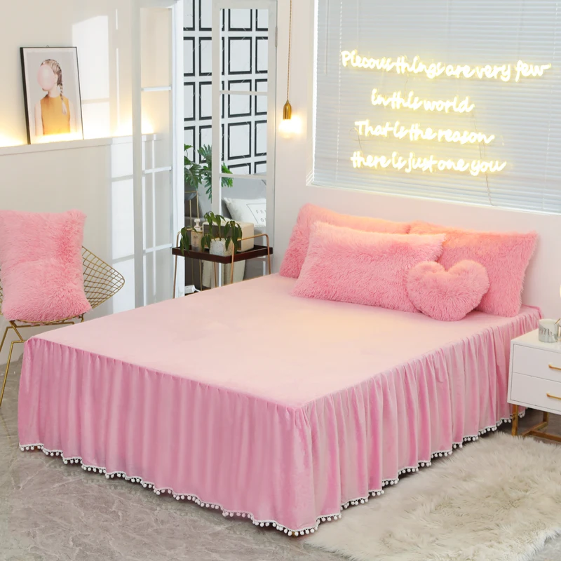 

Luxury Pure Color Plush Shaggy Warm Fleece Girl Bedding Set Mink Velvet Double Duvet Cover Set Bed Skirt Pillowcase Home Textile