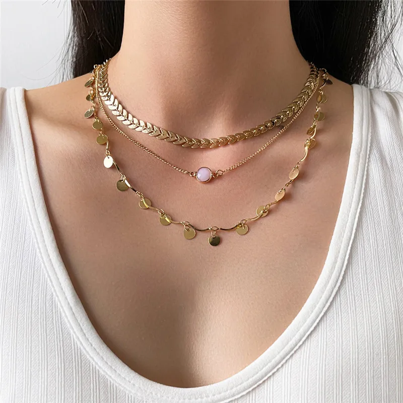 

VAGZEB New Vintage Boho Fashion Three Layers Gold Color Stone Sequins Pendant Necklaces For Women Clavicle Chain Jewelry